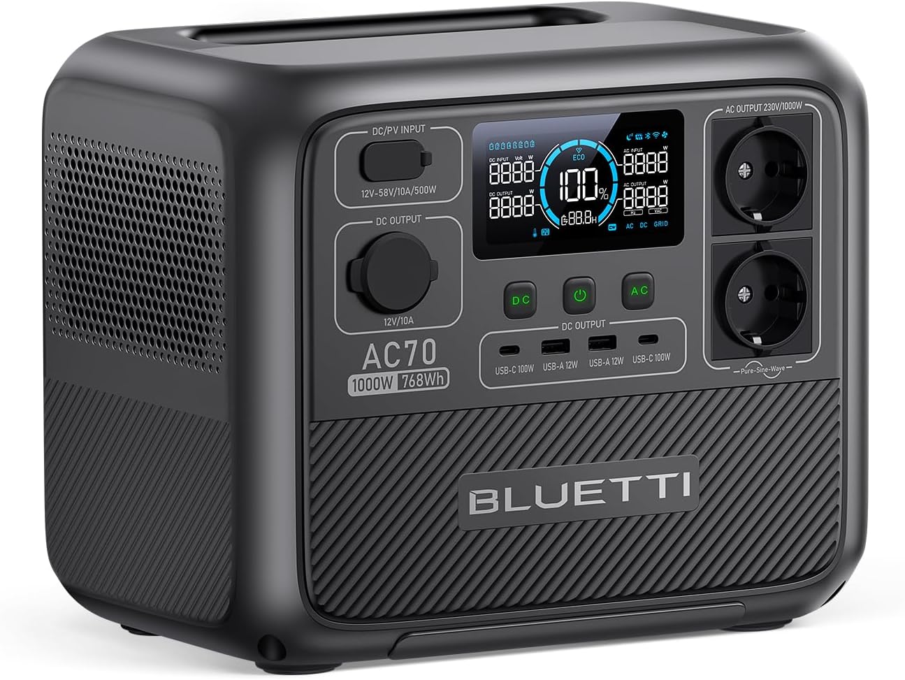 BLUETTI AC70 Station Électrique Portable, Batterie LiFePO4 768Wh avec 2 Prises CA 1000W (Power Lifting 2000W), Port USB Type-C de 100W, Générateur Solaire pour Camping-car, Domestique, Balcon