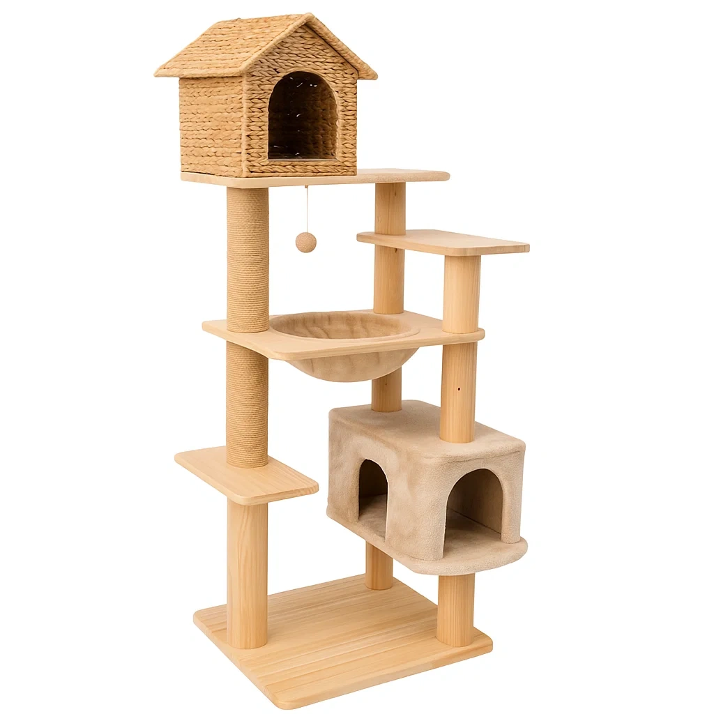 Arbre à chat en bois multiniveaux avec maisonnette et griffoir