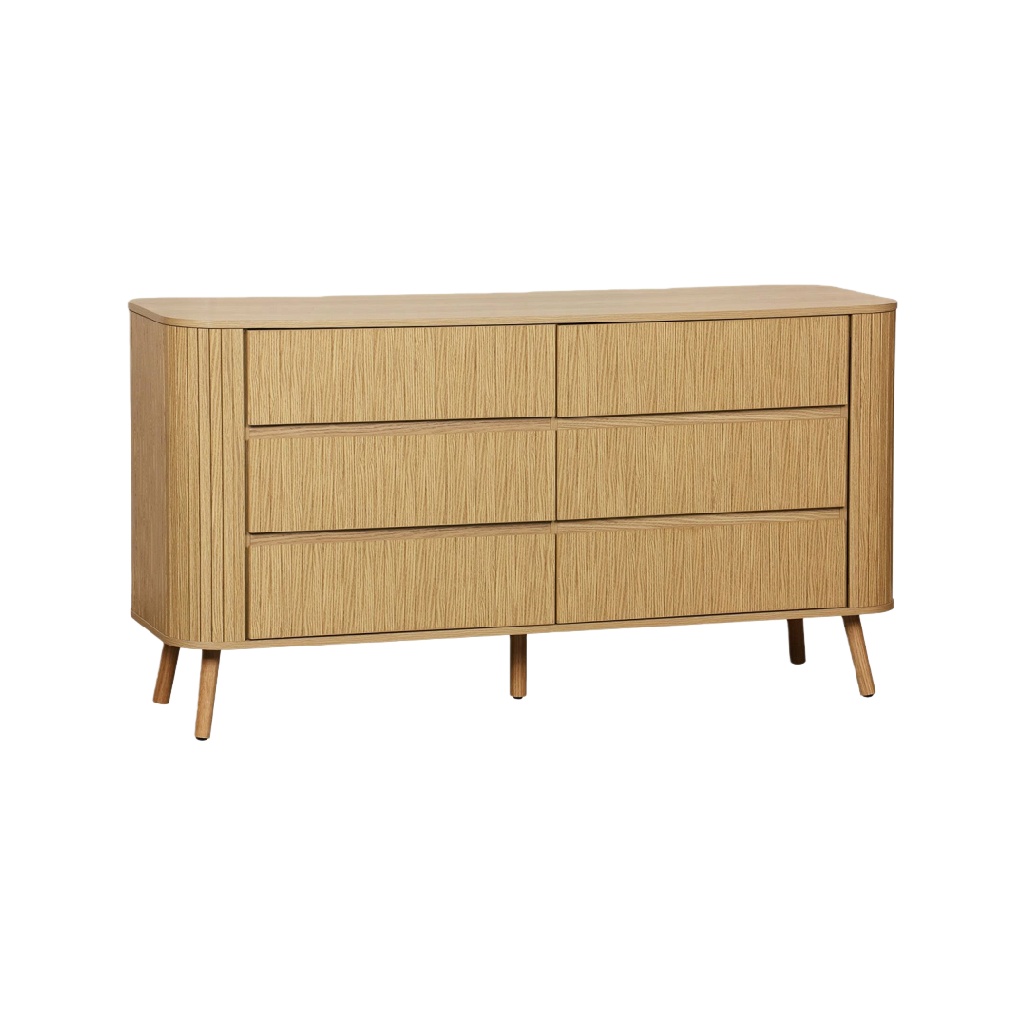 Commode 6 tiroirs en bois clair – design scandinave moderne, coins arrondis et pieds fuselés
