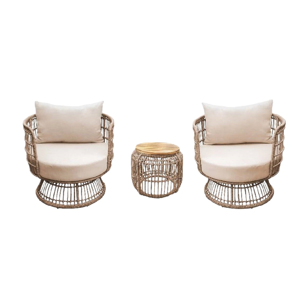 Salon de jardin 2 places en rotin synthétique – fauteuils ronds + table basse – coussins beige