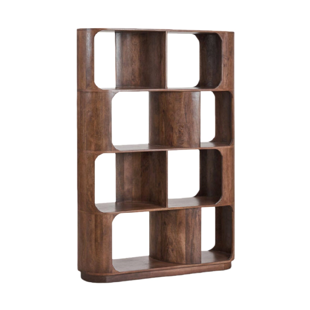 Bibliothèque design en bois massif – 6 niches arrondies – finition noyer foncé – 100 x 35 x 180 cm