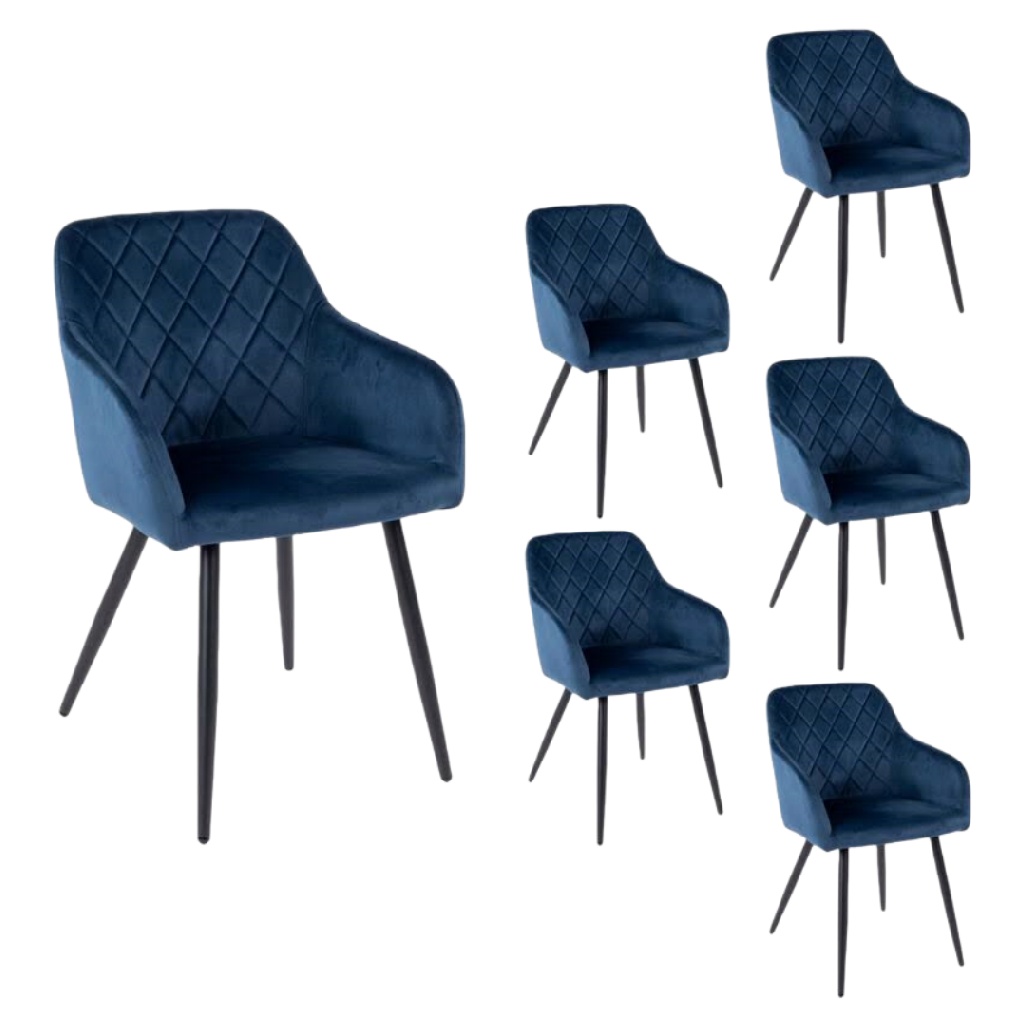 Lot de 6 chaises de salle à manger en velours bleu avec pieds noirs – Design moderne capitonné