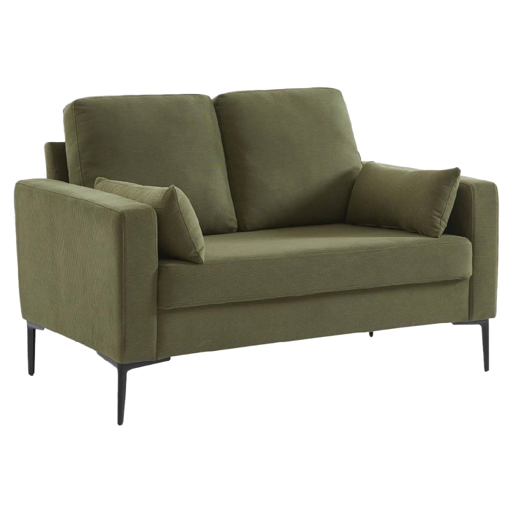Canapé 2 places en tissu vert olive – design moderne sur pieds métal noir – confort compact et élégant