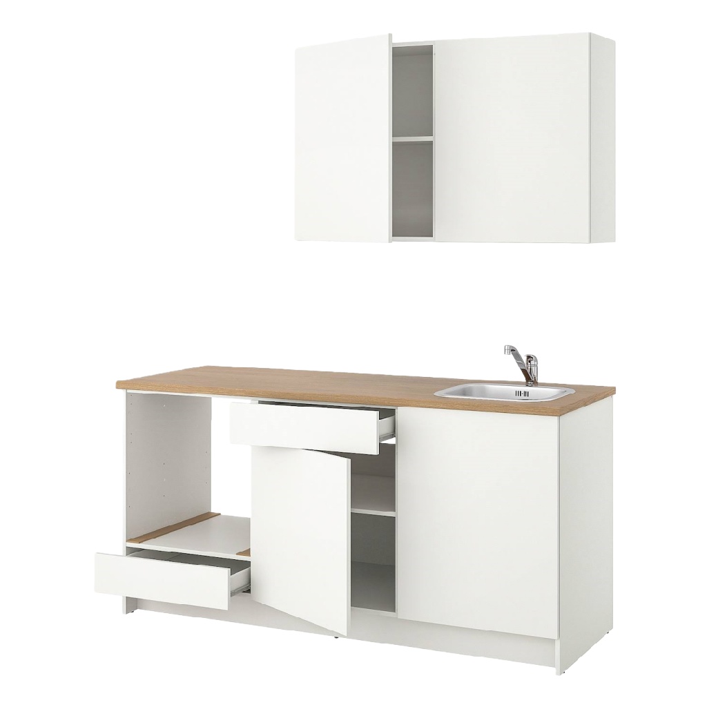 Cuisine linéaire blanche avec évier et plan de travail en bois clair