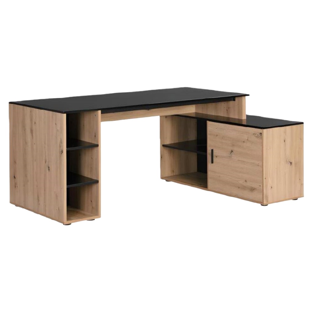 Bureau d’angle contemporain – chêne naturel et noir mat – avec rangements intégrés