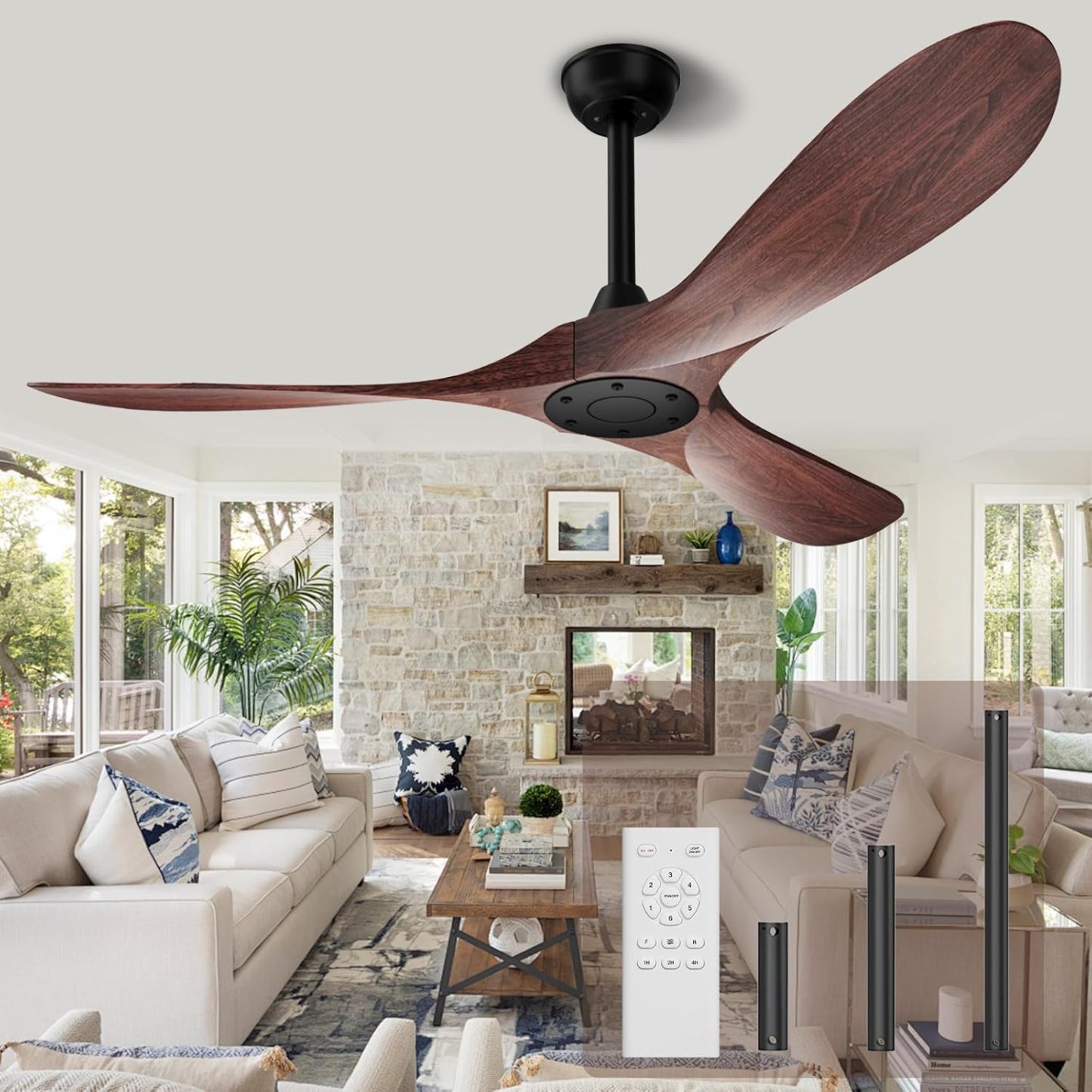 Biukis 152 cm Deckenventilator mit Fernbedienung, 6 Geschwindigkeitsstufen, reversibler DC-Motor für ganzjährige Nutzung, geeignet für Außenbereich, Garten, Wohnzimmer, Schlafzimmer – Walnuss