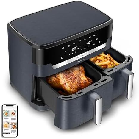 Moulinex air fryer deux compartiments, très grande capacité 11L, 10 personnes, 7 Programmes automatiques, friteuse sans huile, Ecran tactile digital, Dual inox, EZ942BF0, Gris foncé : Cuisine et Maison