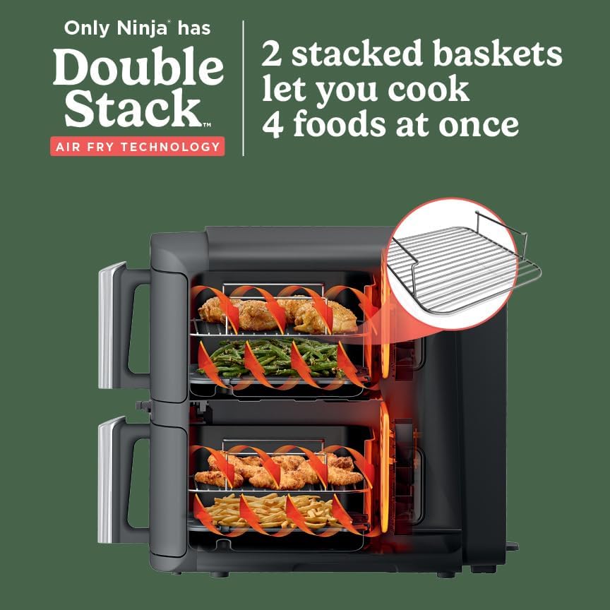 Ninja DoubleStack XL Friteuse à air intelligente avec 2 paniers, système de cuisson intelligent, technologie DoubleStack qui cuit 4 aliments à la fois, design peu encombrant, 10 litres
