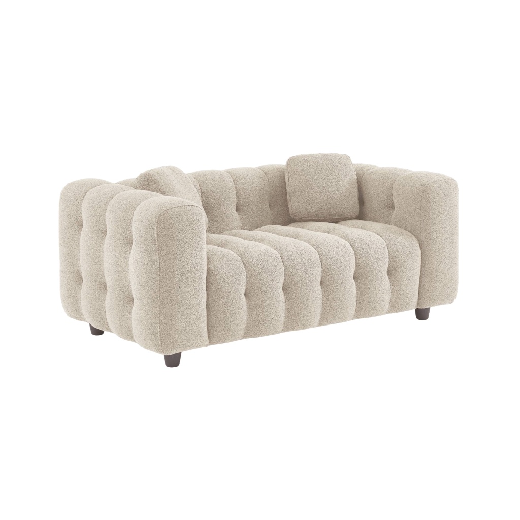 Canapé 2 places en tissu bouclette beige – design capitonné “puffy” – style moderne et luxueux