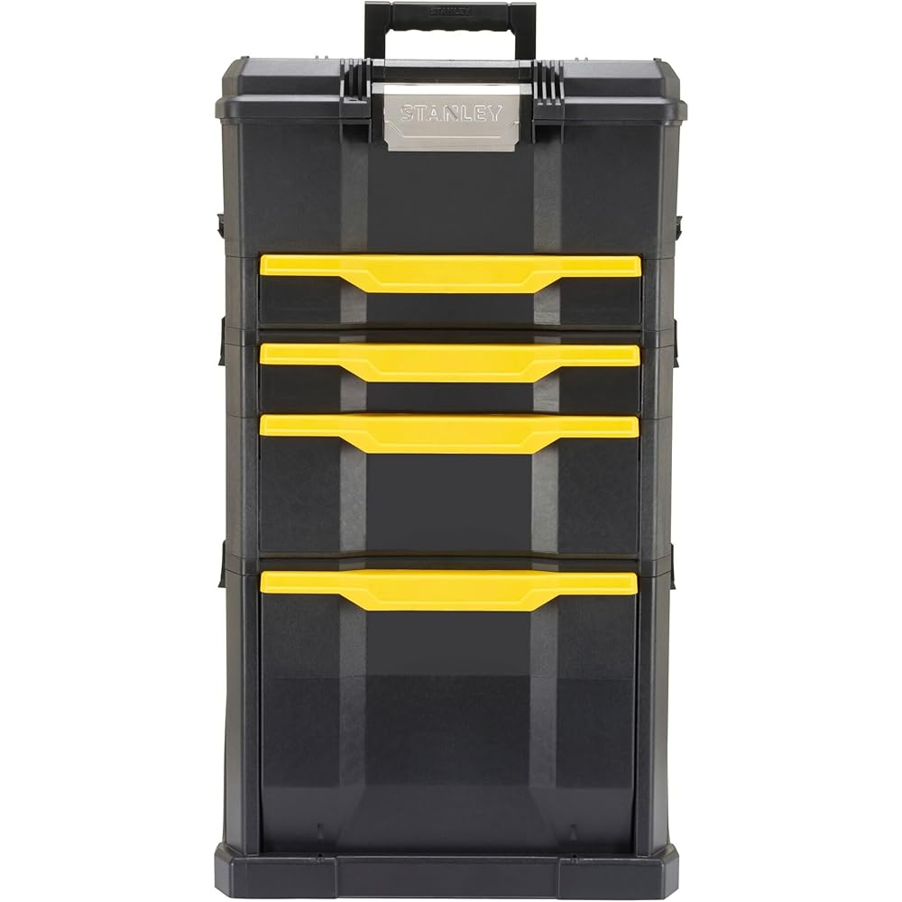 Stanley 1-79-206 Servante modulable avec 4 Tiroirs montés Sur Glissière - Système de Clips Latéraux - Poignée Télescopique - Polypropylène - Dimensions 866 x 488 x 348mm Noir : Bricolage