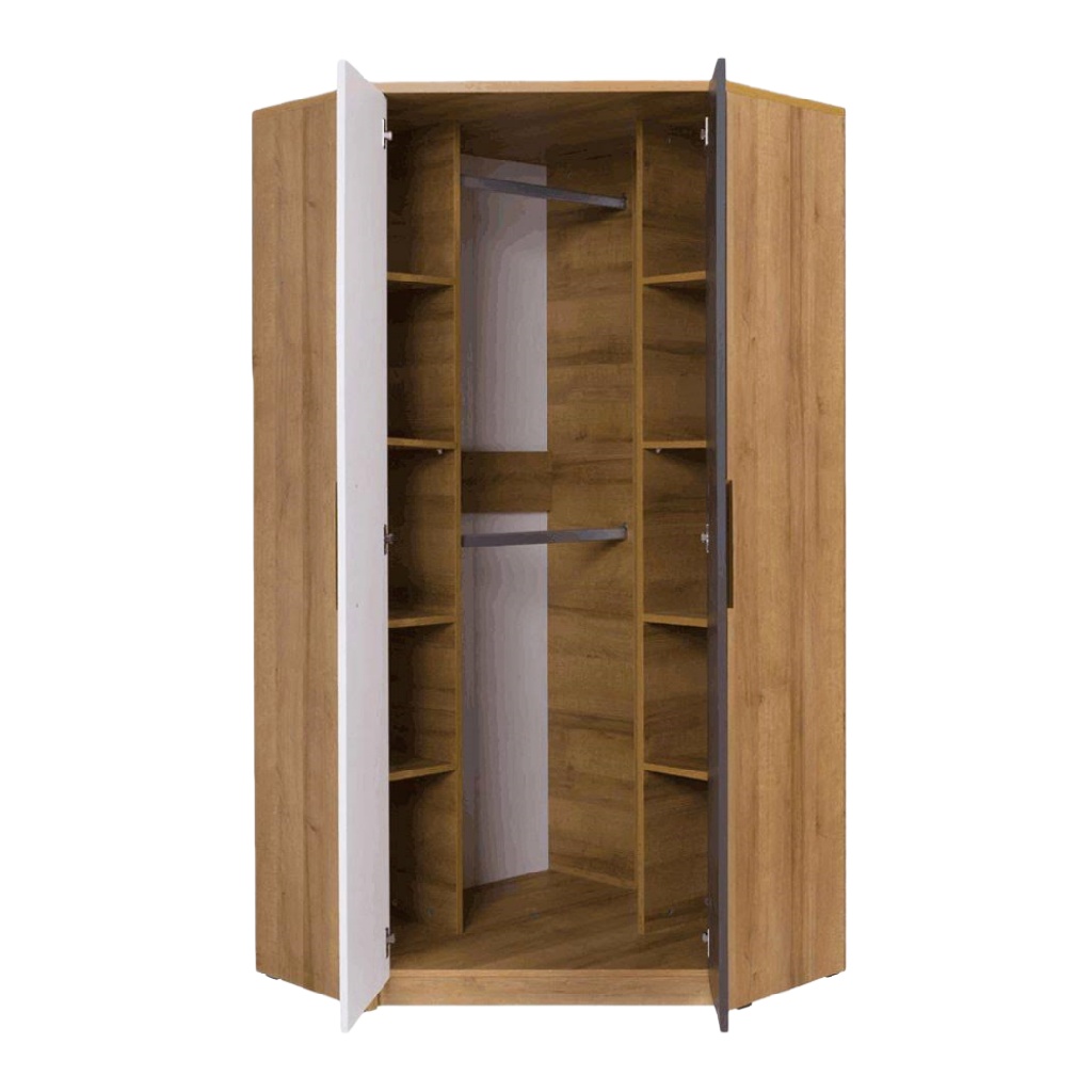 Armoire d'angle en bois avec étagères et penderie