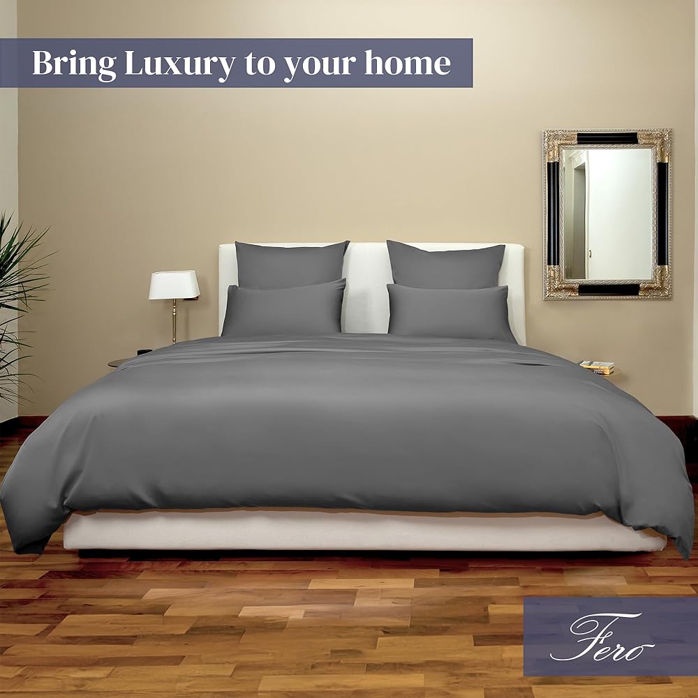 Ferò Housse de Couette 200x200 Coton Premium, 2 Taie d'oreiller 50x75 cm, Parure de Lit Satin 300 TC, Protéine de Soie, Longues Fibres, Design Made in Italy, Couleur Unie, Parures de Lit, Gris : Cuisine et Maison