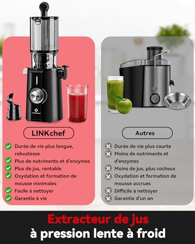 Sans Préparation Extracteur de Jus Vertical, Nettoyage Rapide Extracteur de Jus Lent, 115mm Machine a Jus de Fruit Extracteur Entiers, Facile à installer, LINKChef 1.2L, 200w, Noir : Cuisine et Maison