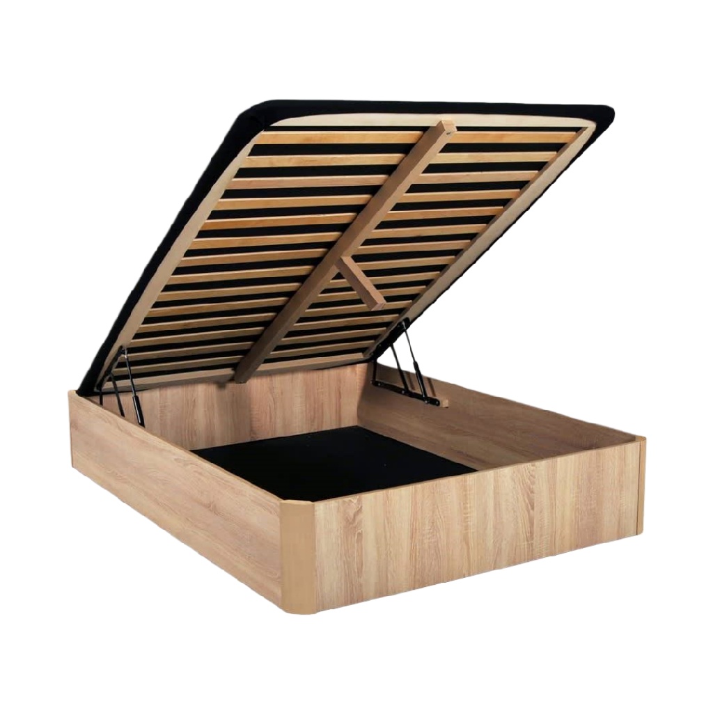 Lit coffre relevable en bois clair — Espace de rangement intégré — Design pratique et naturel
