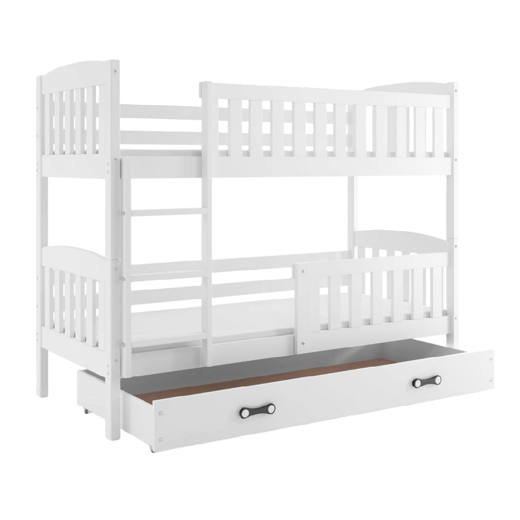 Lit superposé blanc pour enfants avec tiroir — Structure en bois massif — Sécurité et rangement