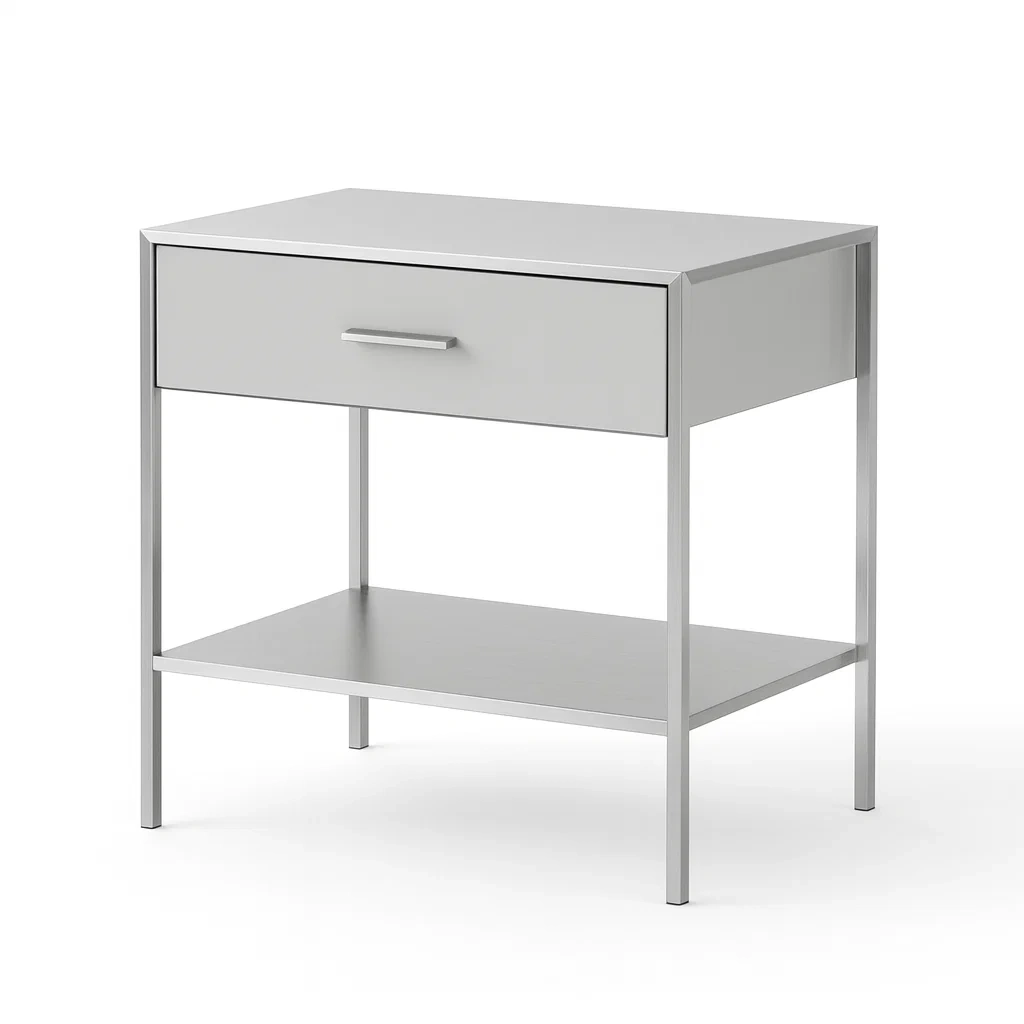 Table de chevet en métal et MDF gris avec tiroir et étagère