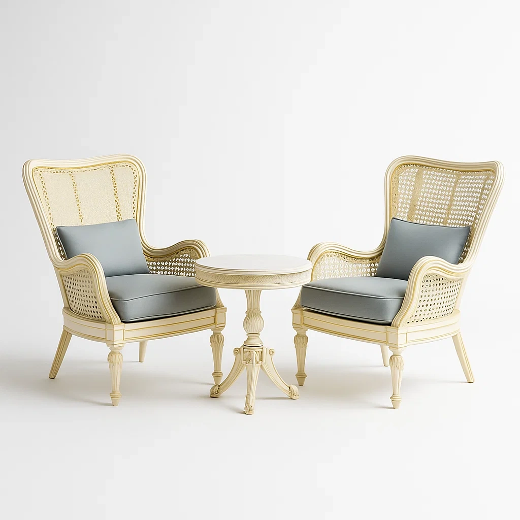 Ensemble bistrot en bois et rotin avec 2 fauteuils et table ronde