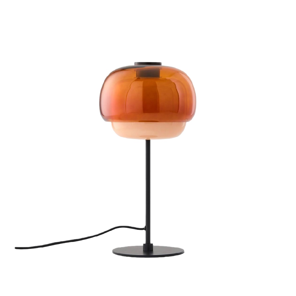 Lampe de table en verre ambré avec pied en métal noir – style contemporain