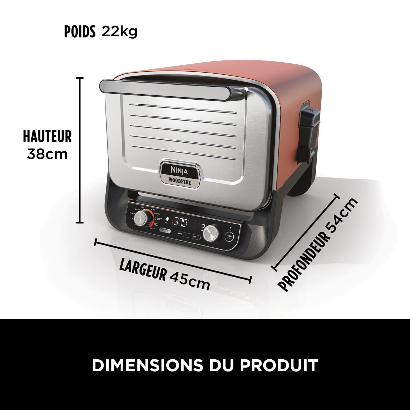 Ninja Woodfire Four à pizza extérieur électrique 8-en-1, rotissoire & fumoir barbecue avec grille, plaque pro-heat, pierre à pizza, granulés de bois e