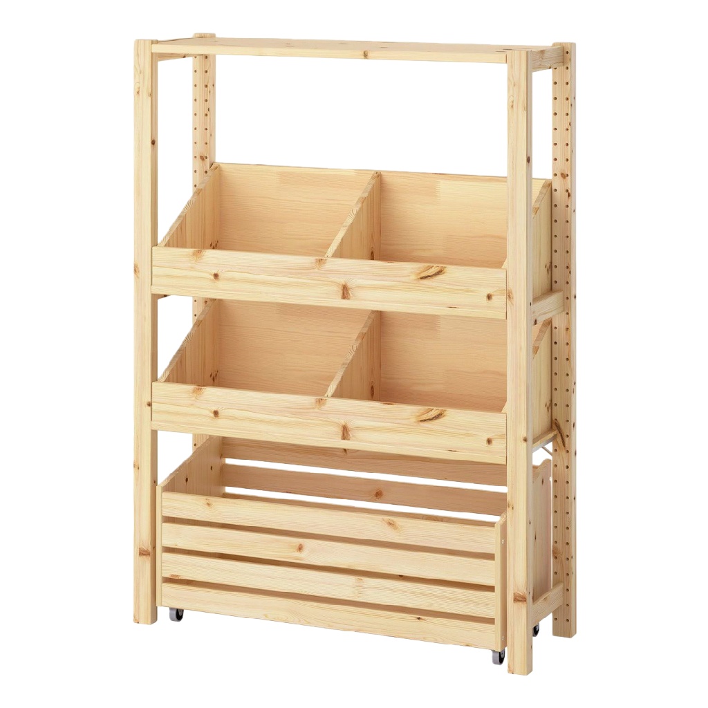 Étagère de rangement en pin massif avec bacs inclinés – meuble sur roulettes – cuisine, garage ou boutique