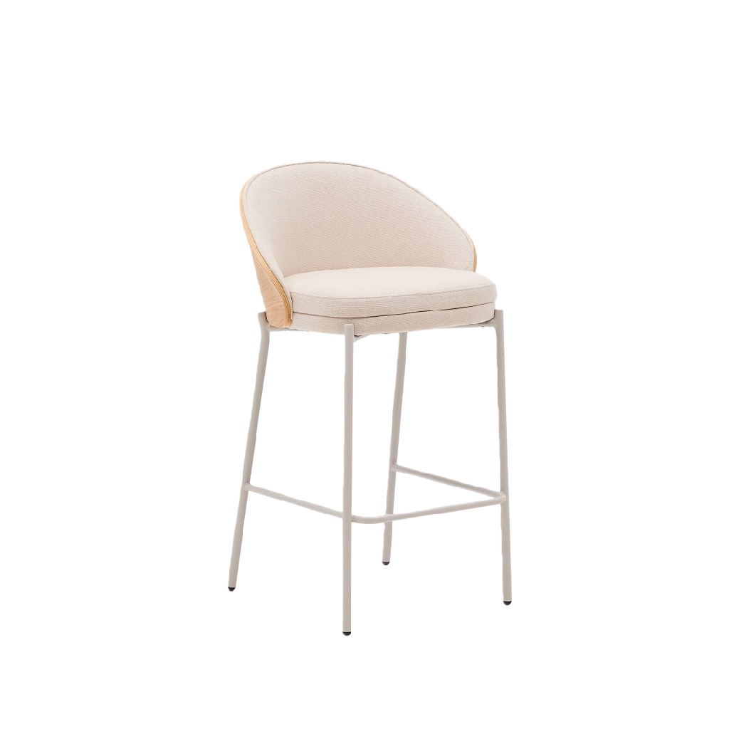 Tabouret de bar en tissu beige et rotin avec pieds métal clair