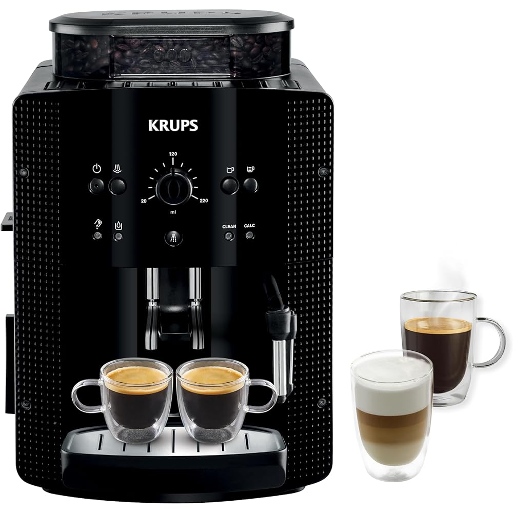 Krups Machine à café grain, 1,7 L, 2 tasses en simultané, Nettoyage automatique, Buse vapeur pour Cappuccino, Cafetière espresso, Essential noire YY8125FD, Noir : Cuisine et Maison
