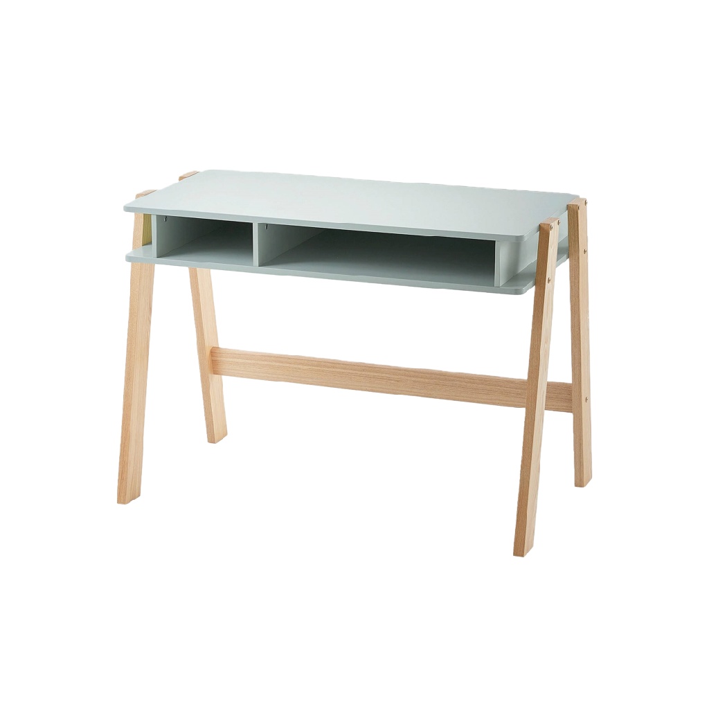 Bureau scandinave vert clair avec compartiments ouverts — Design minimaliste en bois naturel