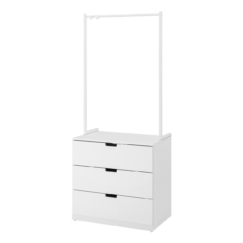 Commode 3 tiroirs avec tringle penderie intégrée – meuble de rangement multifonction blanc, design moderne