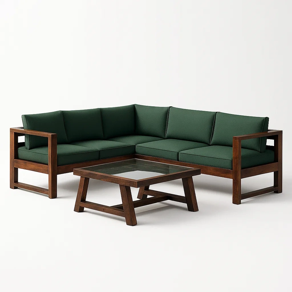 Canapé d’angle de jardin en bois et tissu vert 230 cm