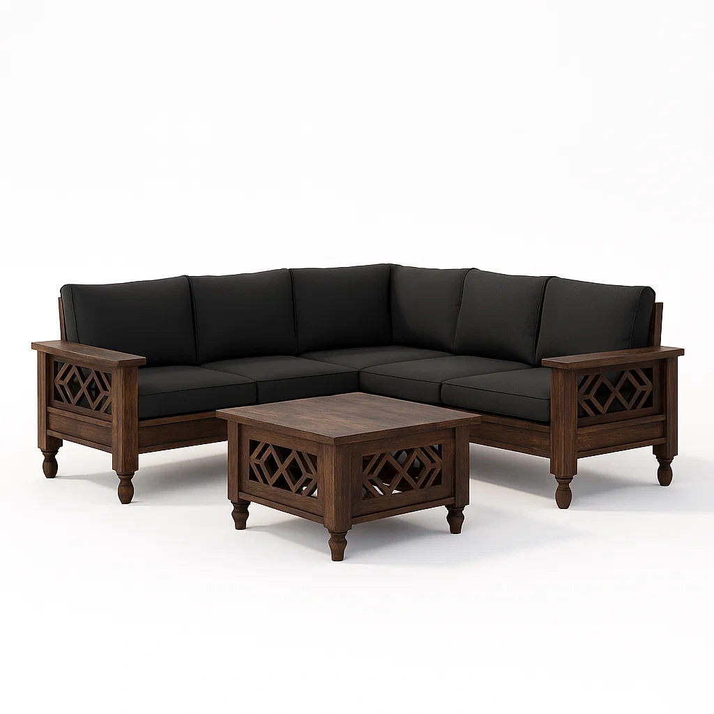 Canapé d’angle en bois avec table et coussins en polyester noir