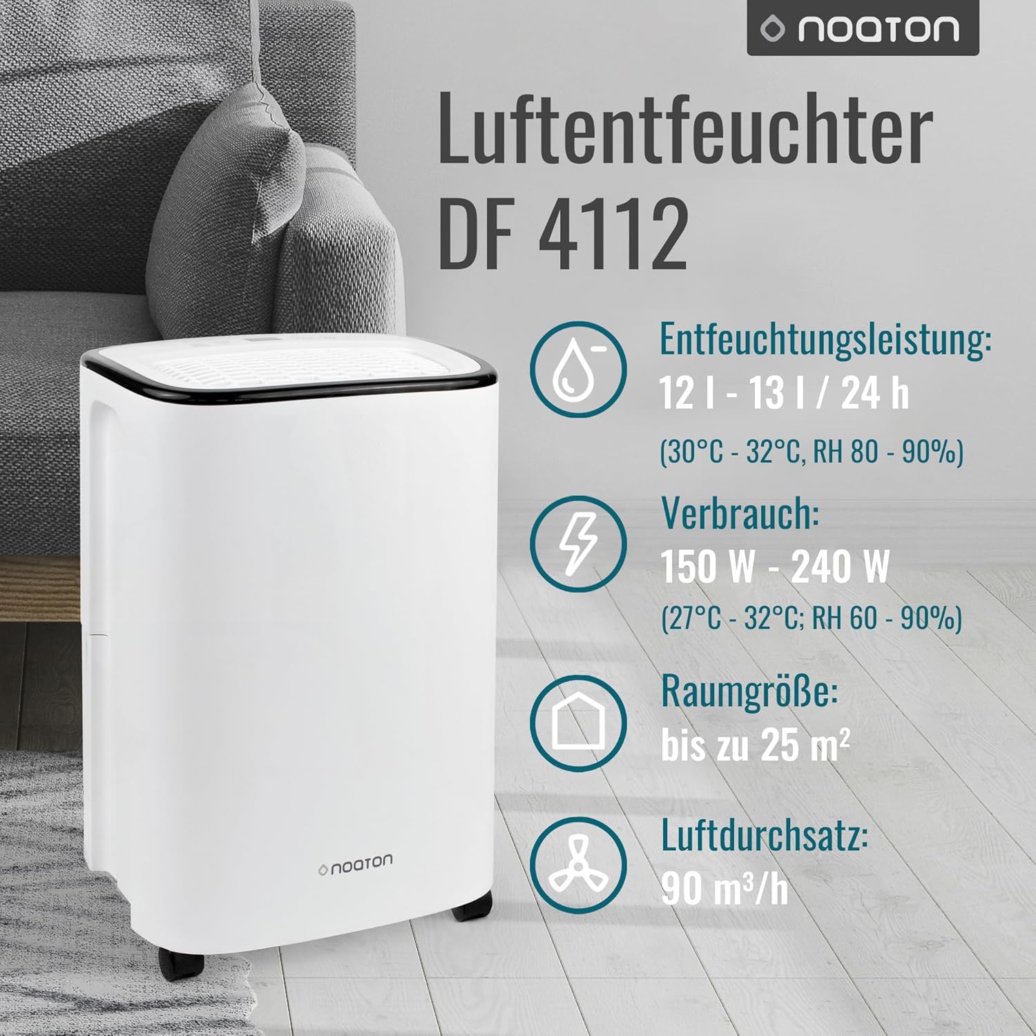 Déshumidificateur Noaton DF 4112, max 13L/24h, taille de la pièce env. 65 m³ (~25 m²), 190 W, réservoir d'eau de 2,5l, tuyau d'évacuation, minuterie, avec capteur d'humidité - Contre la moisissure