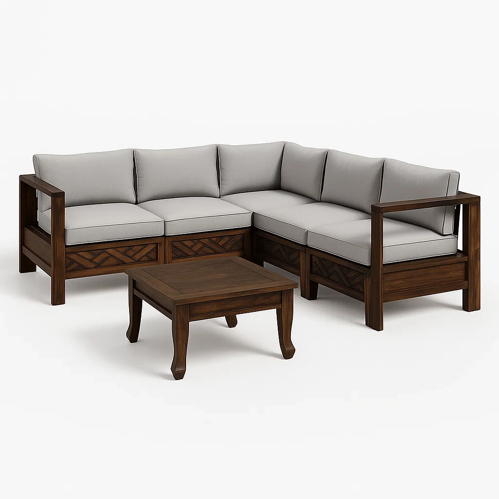 Canapé d’angle en bois et tissu gris