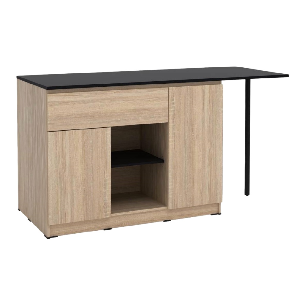 Meuble bar avec plateau extensible – buffet de cuisine moderne effet chêne clair et noir mat – rangement multifonction