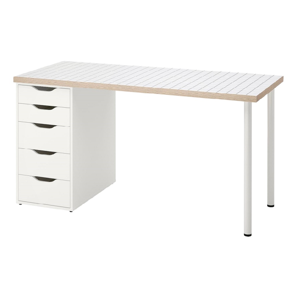 Bureau avec 5 tiroirs et plateau à effet bois clair