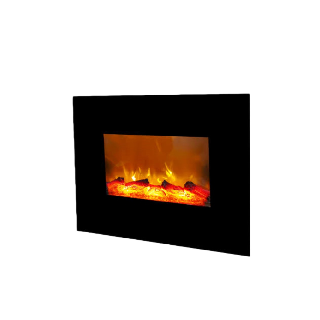 Cheminée électrique murale à effet flamme avec façade en verre noir
