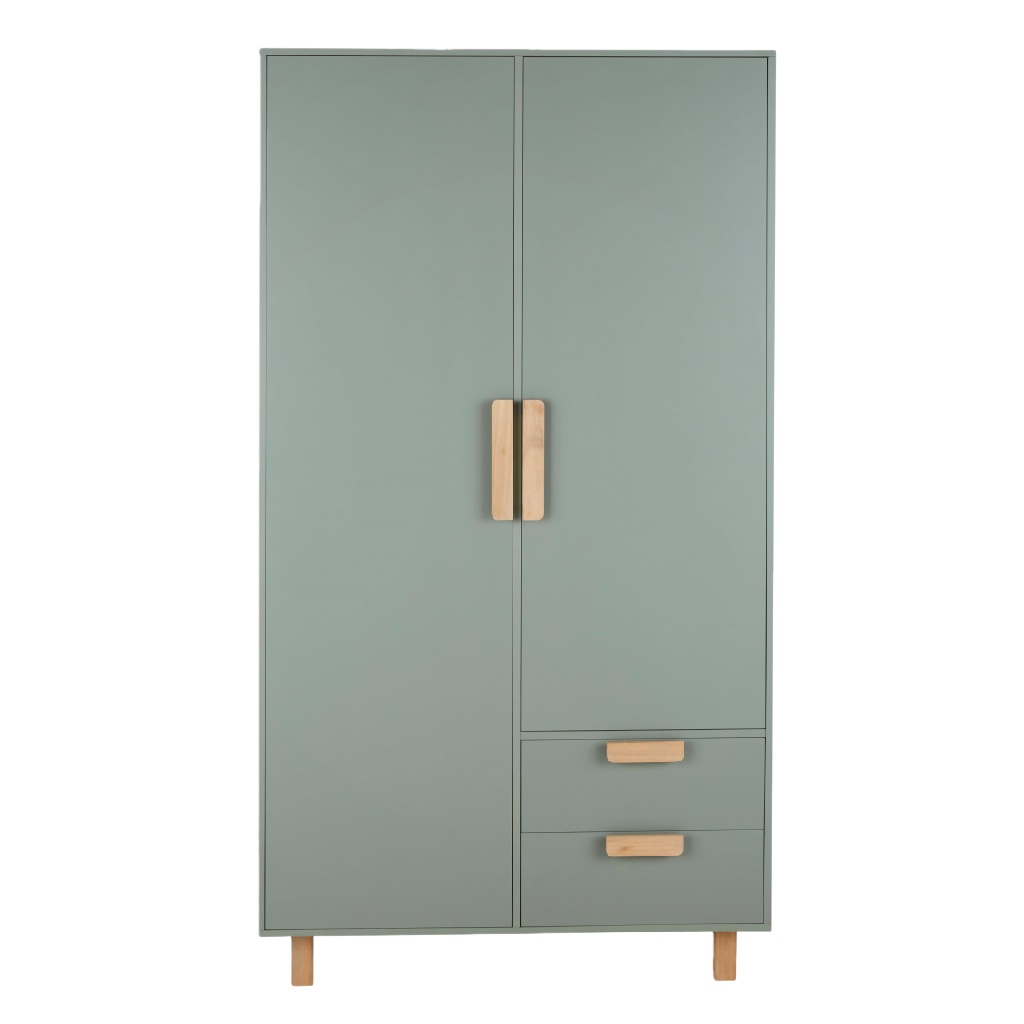 Armoire scandinave vert sauge avec 2 portes et 2 tiroirs – pieds en bois naturel – 90×50×180 cm