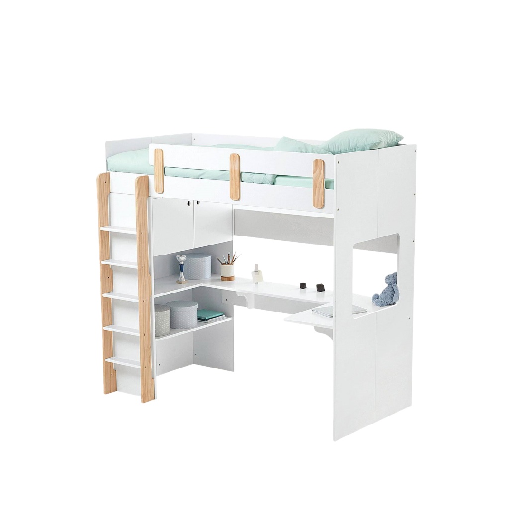 Lit mezzanine enfant avec bureau et rangements — Blanc et bois clair — Espace optimisé