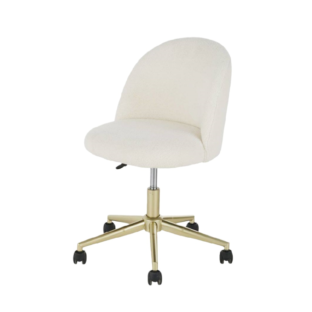 Chaise de bureau en tissu bouclette avec roulettes et base métallique dorée