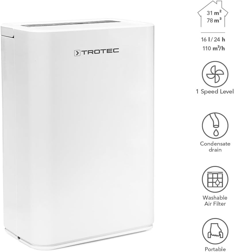 TROTEC TTK 52 E Déshumidificateur d'air, Déshumidificateur Electrique, Déshumidificateur Portable, Absorbeur d'humidité, Déshumidification Max. 16 l/j, pour 31 m² Max., Hygrostat intégré