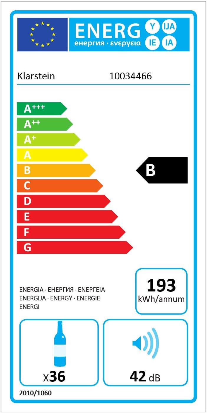 Klarstein Vinomatica - Cave à vin, Compacte, Capacité de 95L, 36 bouteilles, Porte panoramique, Cadre en acier inoxydable noir, Eclairage intérieur, 6 tablettes amovibles, Réglable de 4 à 18°C, Noir