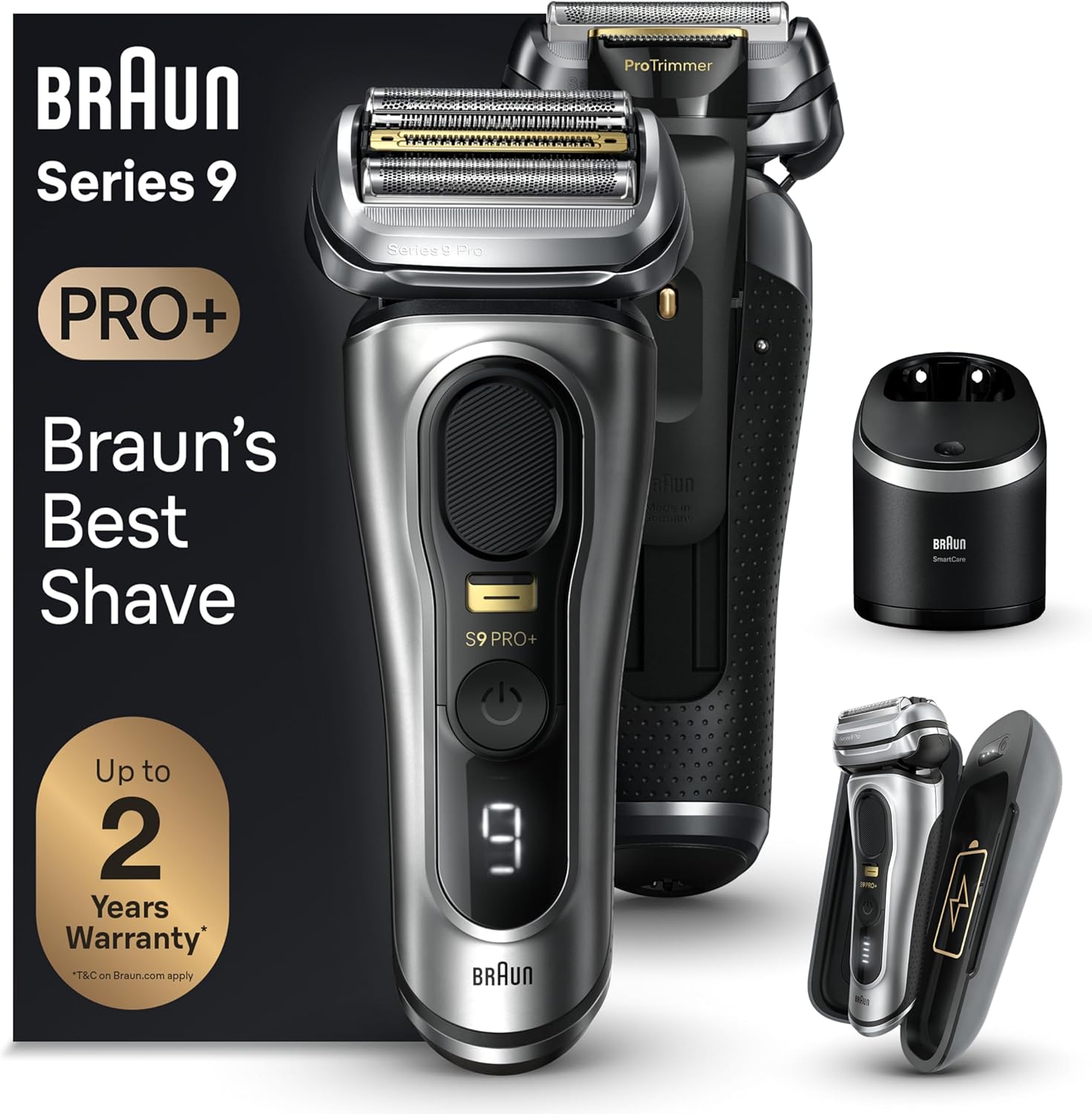 Braun Rasoir électrique Series 9 PRO+ 9577cc pour homme, 5 éléments de rasage professionnels et tondeuse à cheveux longs de précision, centre SmartCare 6 en 1, PowerCase pour chargement mobile, humide