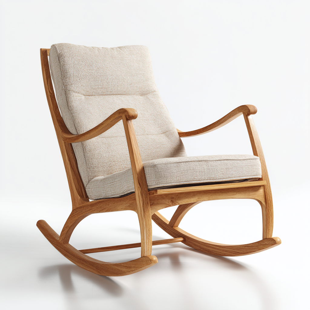 Fauteuil à bascule en bois avec coussins beiges rembourrés