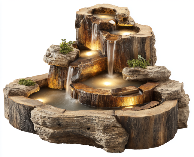 Fontaine de jardin en forme de tronc avec cascade à plusieurs niveaux et éclairage LED intégré
