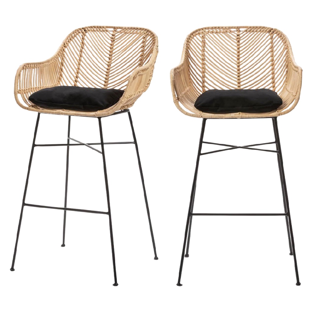 Lot de 2 tabourets de bar en rotin naturel et métal noir avec coussin