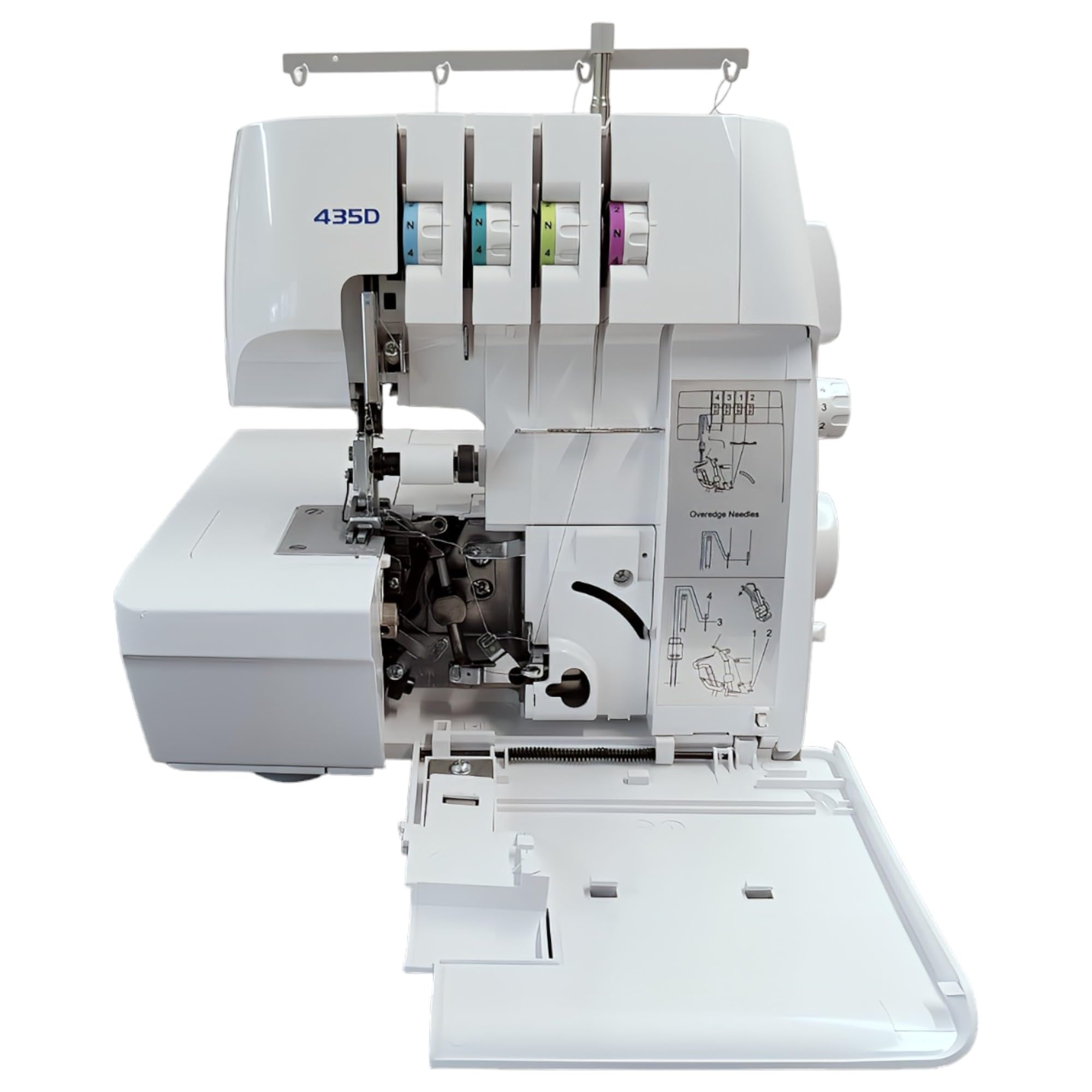 Jaguar 435D Surjeteuse Overlock, 3/4 fils, enfilage codé par couleur, transport différentiel, coupe-fil automatique, bras libre, blanc.