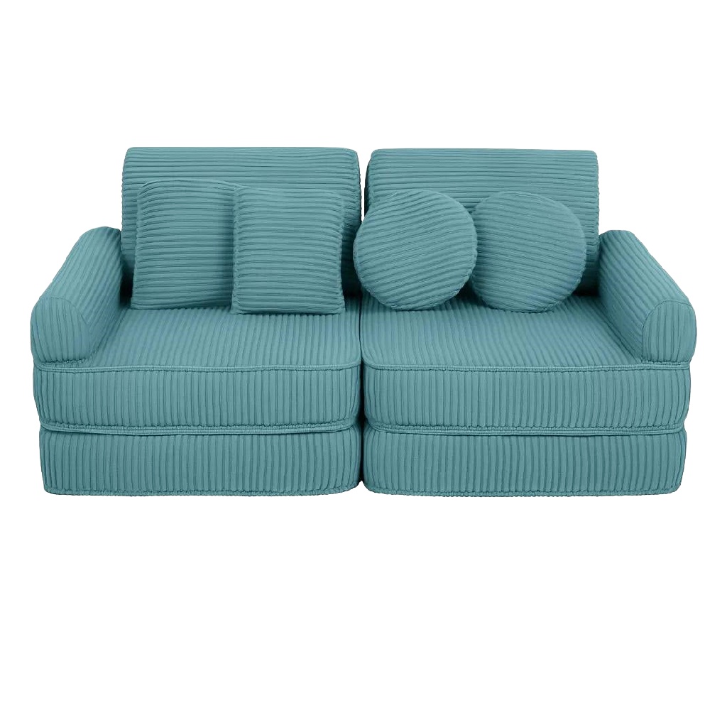 Canapé 2 places en velours côtelé bleu lagon avec coussins ronds et carrés