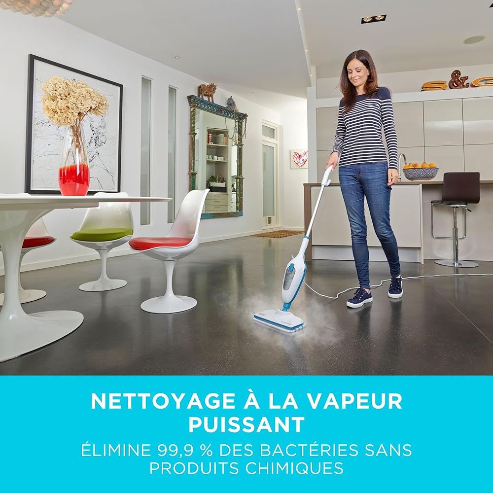 BLACK+DECKER - Balai Vapeur avec Patin Microfibre - Nettoyeur de Sol 1300W - Multi-Surfaces - Temps de Chauffe 25 sec - Tête Pivotante 180° - Réservoir 380 ml - Nettoyage Parfait - FSM13E1-QS : Cuisine et Maison
