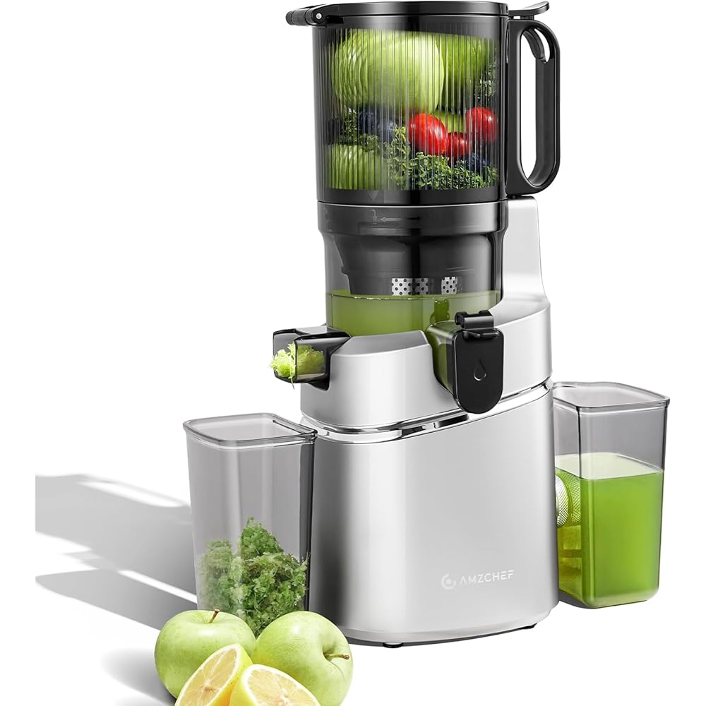 AMZCHEF Extracteur de jus automatique Vos mains libres, Ouverture de 135 mm et capacité de 1,8 L Extracteur de jus de fruits et légumes entiers, Extracteur jus lent de 250W avec triple filtre - Argent : Cuisine et Maison