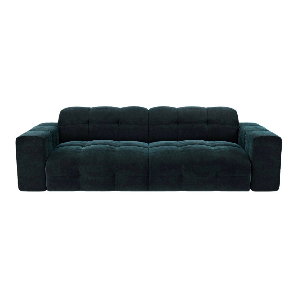 Canapé 3 places en velours vert foncé – design moderne capitonné à larges accoudoirs