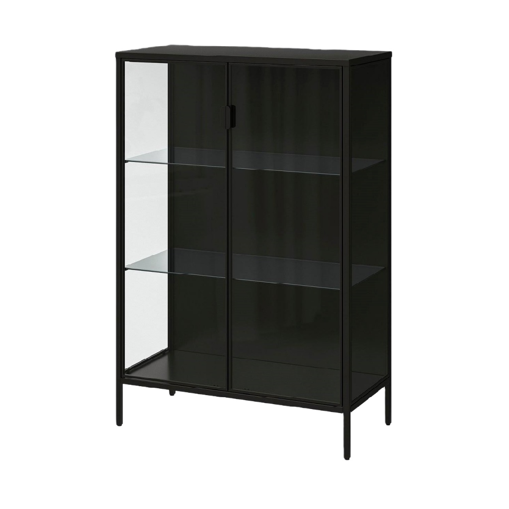 Vitrine moderne noire en métal et verre — 2 portes et 3 étagères — style industriel / minimaliste